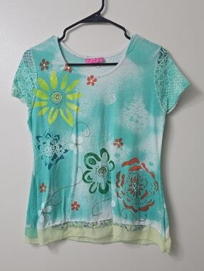 Bright Floral Lace-Sleeve Women’s Top - Turquoise